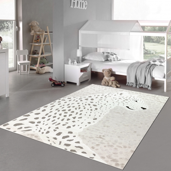 Kinderzimmer Teppich Weich Leopard 3d-effekt Allergiker geeignet in creme grau