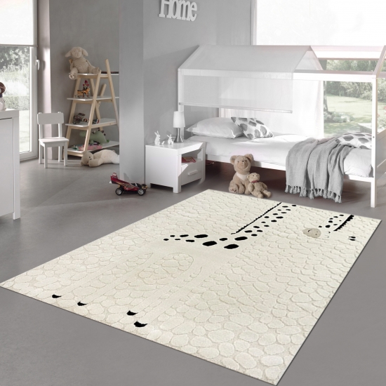 Kinderzimmer Spielzimmer Teppich mit fröhliche Giraffe Schadstofffrei in beige creme schwarz