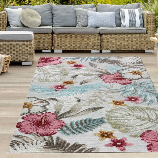 Outdoor Teppich mit Blumen Muster in creme grau bunt