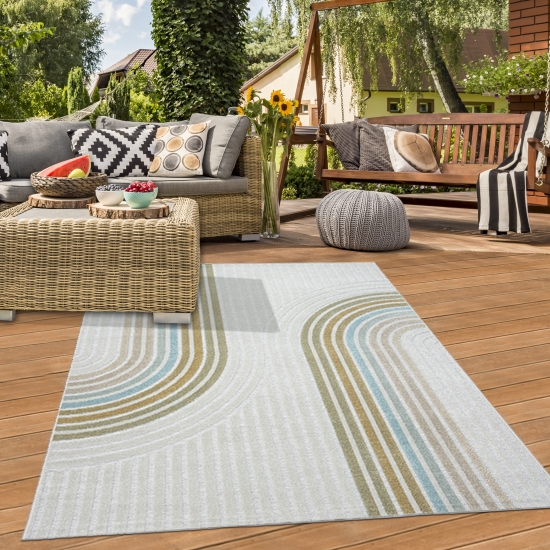 In- & Outdoor Teppich mit Bunten Linien Muster in Creme Bunt