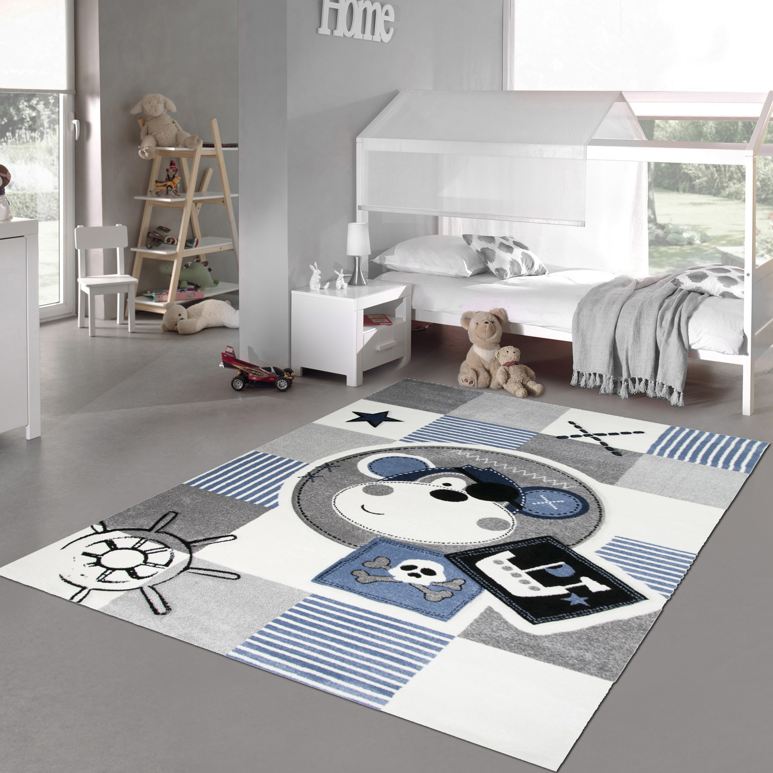 Teppich für Kinderzimmer mit Affe, Schiff, Totenkopf: Pflegeleicht,  Allergiker geeignet und preiswert