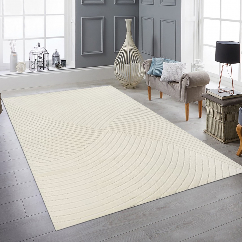 Heller Wohnzimmerteppich Niedrigflor mit speziellem Linienmuster in Creme